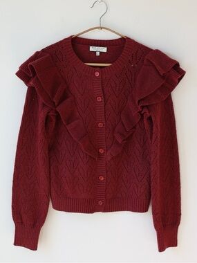 bagatelle Burgundy Ruffle Button-Front Knit Cardigan Romantic Cozy Heart Classy